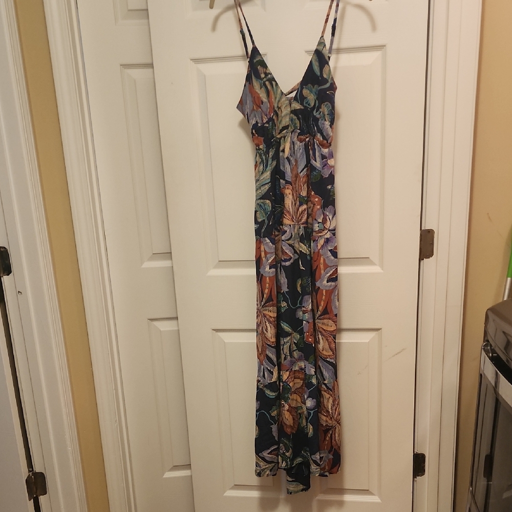 Angie Navy Floral V-Neck Spaghetti Strap Maxi Dress